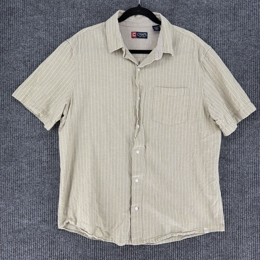 Chaps linen blend striped button up shirt tan short sleeve XL Tall beachy preppy